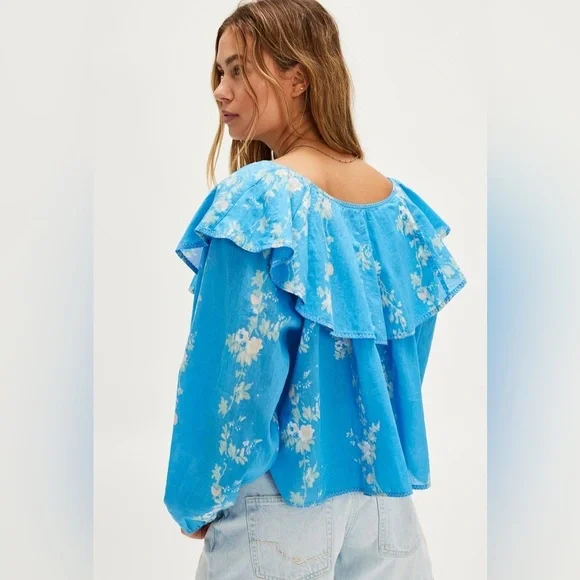 Free People Camilla Printed Blouse NWT blue floral boho Large flowy top - Picture 2 of 5